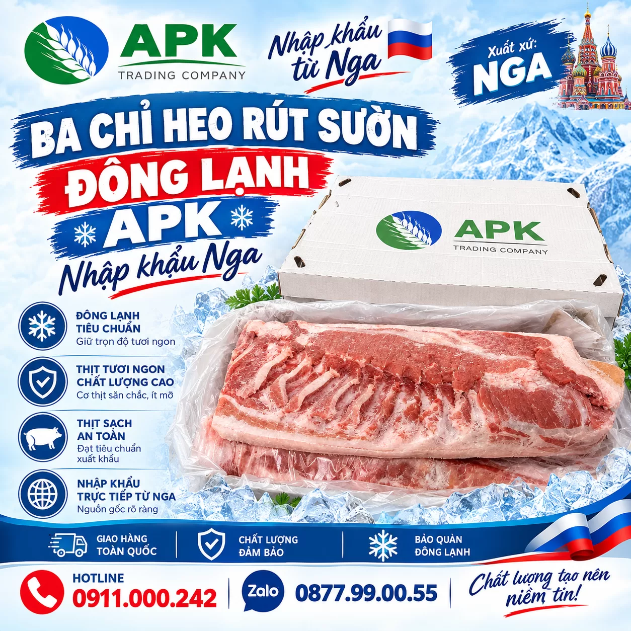 Ba chỉ heo rút sườn đông lạnh Apk nhập khẩu Nga