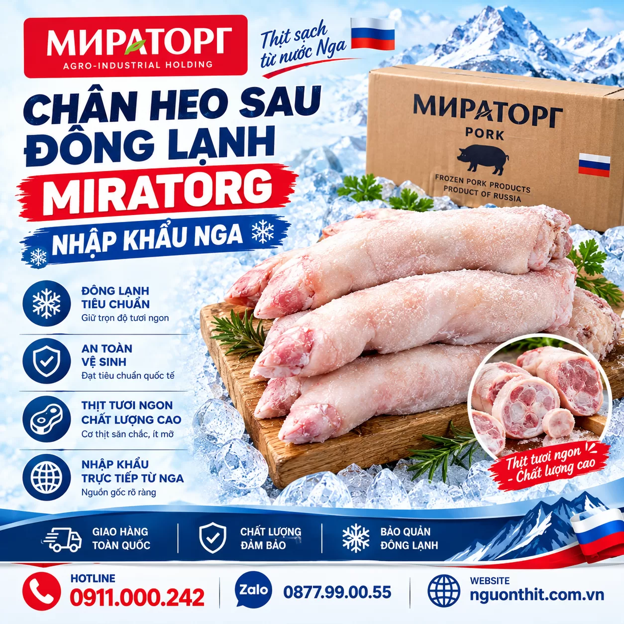 Chân heo sau đông lạnh Miratorg nhập khẩu Nga