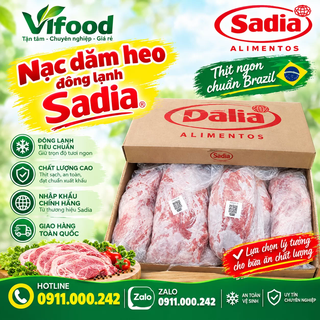 Thịt nạc dăm heo đông lạnh Dalia nhập khẩu Brazil